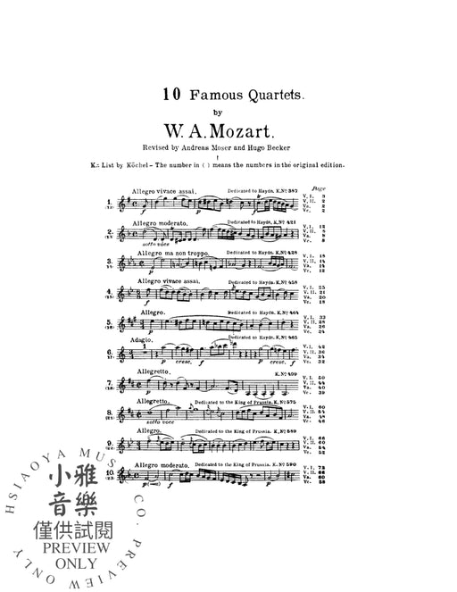 Ten Famous Quartets, K. 387, 421, 428, 458, 464, 465, 499, 575, 589, 590 四重奏 | 小雅音樂 Hsiaoya Music