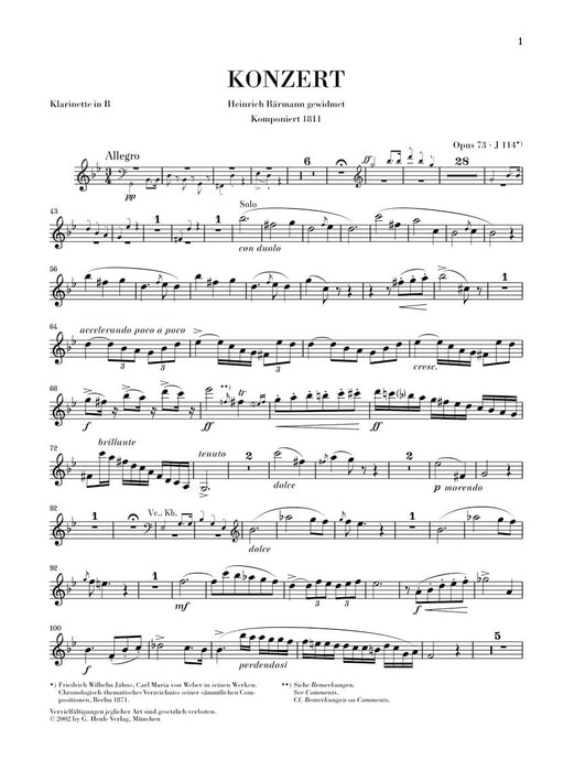 Clarinet Concerto No. 1 in F minor, Op. 73 for Clarinet & Piano Reduction with Urtext and Bärmann parts 韋伯卡爾 協奏曲 鋼琴 豎笛(含鋼琴伴奏) 亨乐版 | 小雅音樂 Hsiaoya Music