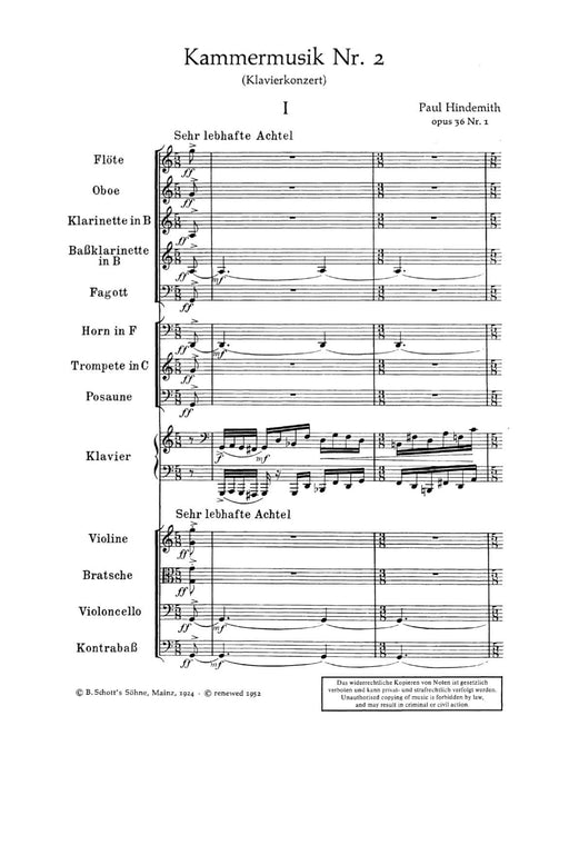 Chamber music No. 2 op. 36/1 (Piano concerto) 辛德密特 室內樂 鋼琴 總譜 朔特版 | 小雅音樂 Hsiaoya Music