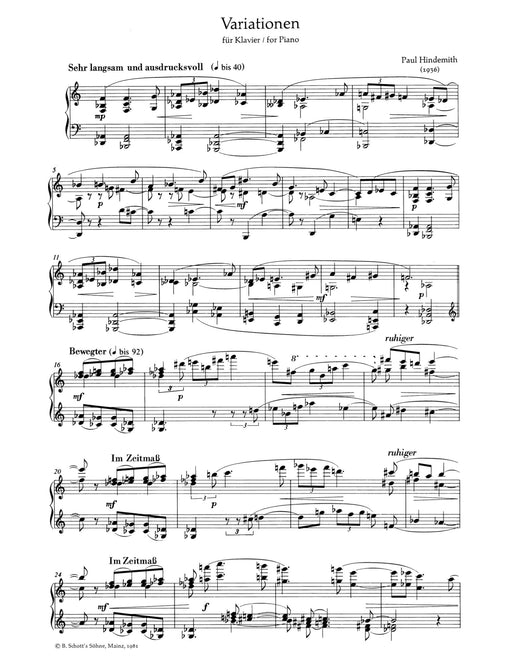 Variationen ursprünglich als zweiter Satz für die 1. Klaviersonate vorgesehen 辛德密特 變奏曲 鋼琴獨奏 朔特版 | 小雅音樂 Hsiaoya Music