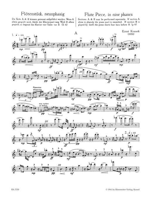 Flute Piece, in nine phases for Flute and Piano op. 171 (1959) 克雷內克 長笛 小品 長笛 鋼琴 騎熊士版 | 小雅音樂 Hsiaoya Music