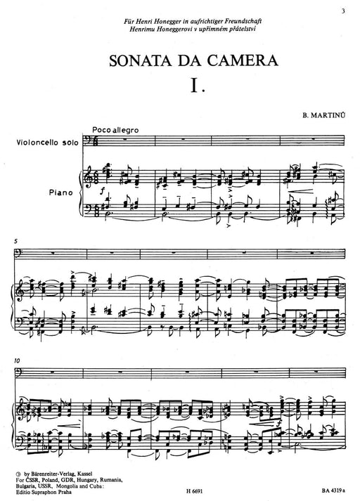 Sonata da camera for Violoncello and Chamber Orchestra (1940) 馬悌努 奏鳴曲 大提琴 室內合奏團 騎熊士版 | 小雅音樂 Hsiaoya Music