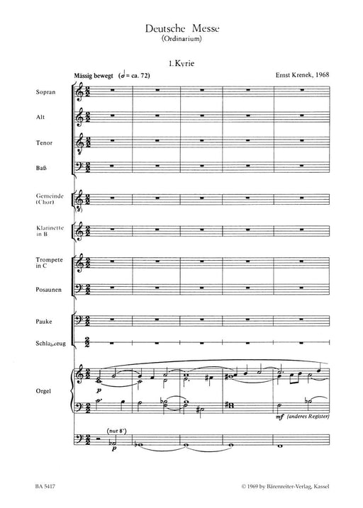 Deutsche Messe für Chor, Gemeinde und Instrumente (1968) -Ordinarium- Ordinarium 克雷內克 騎熊士版 | 小雅音樂 Hsiaoya Music