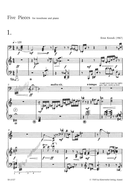 Five Pieces for trombone and piano op. 198 (1967) 克雷內克 小品 長號 鋼琴 騎熊士版 | 小雅音樂 Hsiaoya Music