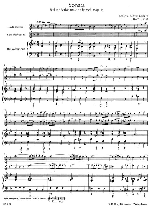 Trio Sonata for Two Flutes and Basso Continuo B-flat major 況茲 三重奏鳴曲 長笛 騎熊士版 | 小雅音樂 Hsiaoya Music