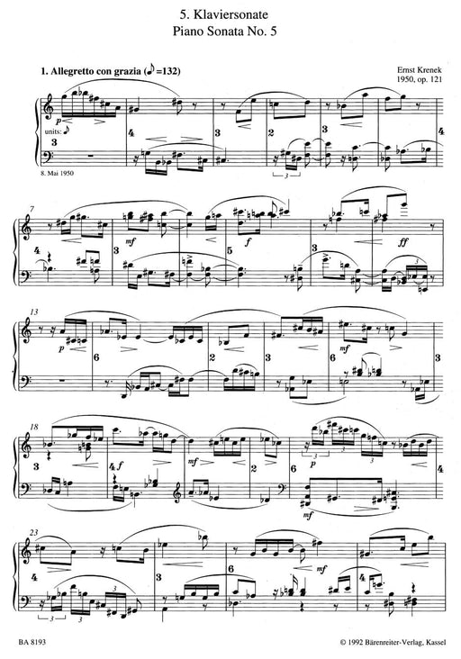 fünfte Klaviersonate op. 121 (1950) 克雷內克 騎熊士版 | 小雅音樂 Hsiaoya Music