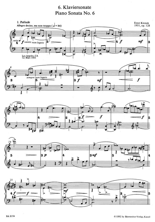 sechste Klaviersonate op. 128 (1951) 克雷內克 騎熊士版 | 小雅音樂 Hsiaoya Music