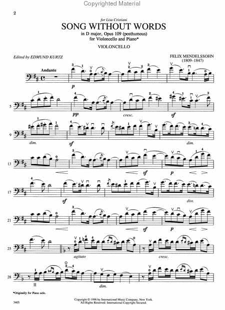 Song Without Words in D major, Op. 109 post. 孟德爾頌菲利克斯 無言歌 大調 大提琴 (含鋼琴伴奏) 國際版 | 小雅音樂 Hsiaoya Music