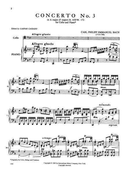 Concerto No. 3 in A Major 巴赫卡爾菲利普艾曼紐 協奏曲 大調 大提琴 (含鋼琴伴奏) 國際版 | 小雅音樂 Hsiaoya Music