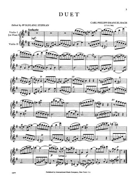 Duet in E minor (G Major), H. 598 (W. 140) for Flute and Violin (or Two Violins) 巴赫卡爾菲利普艾曼紐 二重奏 小調大調 長笛小提琴 小提琴 雙小提琴 國際版 | 小雅音樂 Hsiaoya Music