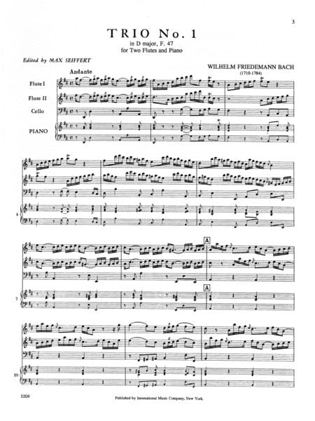 Trio No. 1 in D Major, F. 47 (with Cello ad lib.) 巴赫威廉弗利德曼 三重奏 大調 大提琴 長笛 (2把以上含鋼琴伴奏) 國際版 | 小雅音樂 Hsiaoya Music