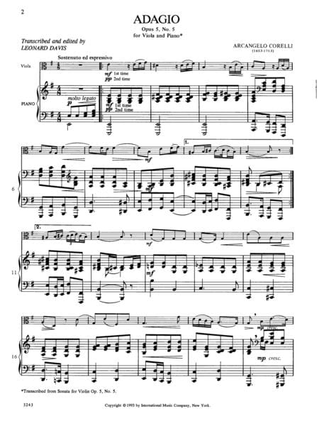 Adagio, Opus 5, No. 5 柯雷里阿爾坎傑羅 慢板作品 中提琴 (含鋼琴伴奏) 國際版 | 小雅音樂 Hsiaoya Music