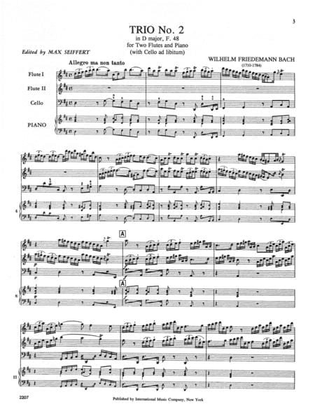 Trio No. 2 in D Major, F. 48 (with Cello ad lib.) 巴赫威廉弗利德曼 三重奏 大調 大提琴 長笛 (2把以上含鋼琴伴奏) 國際版 | 小雅音樂 Hsiaoya Music