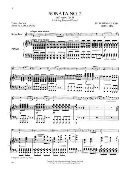 Sonata No. 2 in D Major, Opus 58 (solo tuning) 孟德爾頌菲利克斯 奏鳴曲 大調作品 低音大提琴 (含鋼琴伴奏) 國際版 | 小雅音樂 Hsiaoya Music