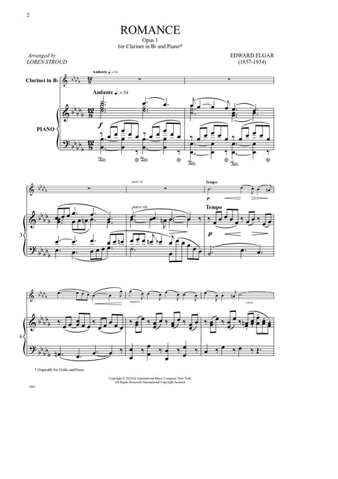Romance, Op. 1, for Clarinet in B flat and Piano