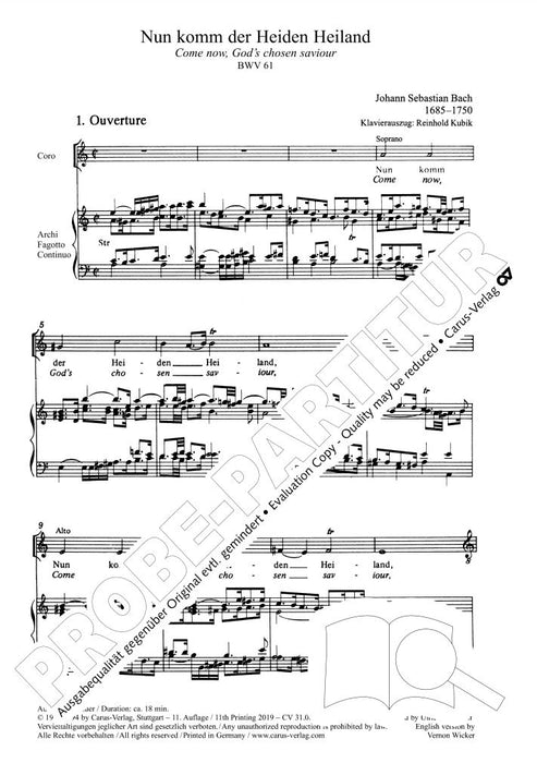 Come now, God's chosen saviour BWV 61 Cantata for the 1st Sunday in Advent BWV 61