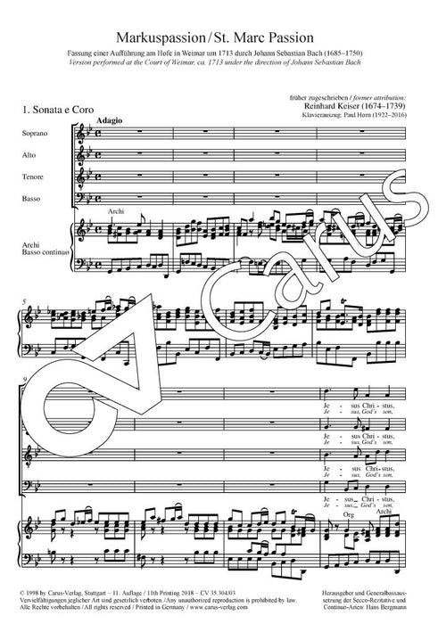 St. Mark Passion Fassung einer Aufführung am Hofe zu Weimar um 1713 durch J. S. Bach