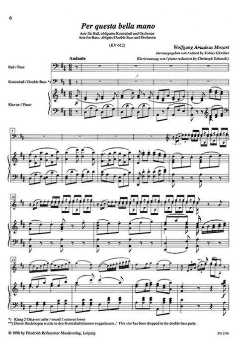 Per questa bella mano K.612 Arie für Baß, obligaten Kontrabaß und Orchester K.612