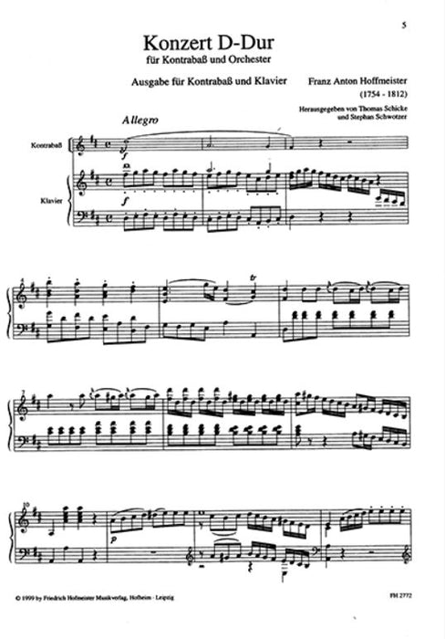 Konzert D-Dur Ausgabe für Kontrabass und Klavier D major