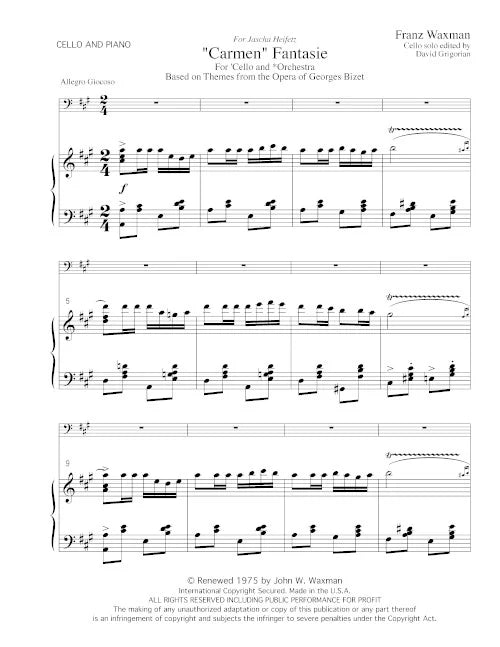 Franz Waxman: Carmen Fantasie - reduction for cello and piano