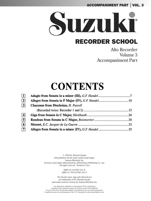 Suzuki Recorder School (Alto Recorder) Accompaniment, Volume 3 中音 伴奏 | 小雅音樂 Hsiaoya Music