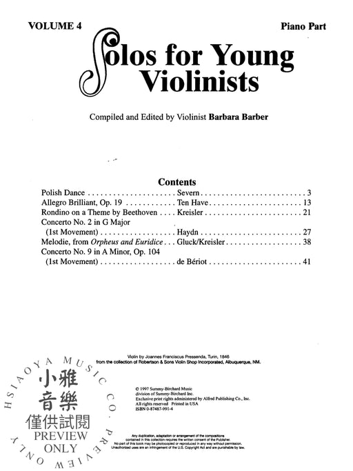 Solos for Young Violinists Violin Part and Piano Acc., Volume 4 Selections from the Student Repertoire 獨奏 小提琴 鋼琴 | 小雅音樂 Hsiaoya Music