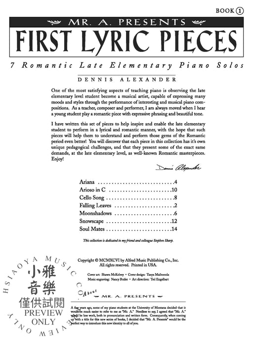Mr. "A" Presents First Lyric Pieces, Book 1 7 Romantic Late Elementary Piano Solos 小品 鋼琴 獨奏 | 小雅音樂 Hsiaoya Music