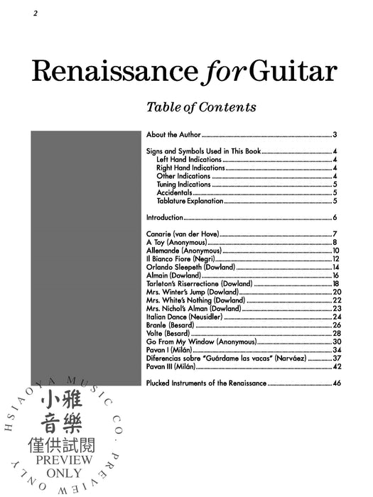 Renaissance for Guitar: Masters in TAB Easy to Intermediate Lute Solos Transcribed for Guitar 吉他 魯特琴獨奏 吉他 | 小雅音樂 Hsiaoya Music