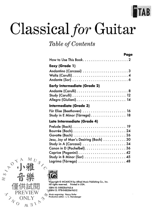 Classical for Guitar: In TAB Easy to Intermediate Classics and Transcriptions for Solo Guitar 古典 吉他 獨奏 吉他 | 小雅音樂 Hsiaoya Music