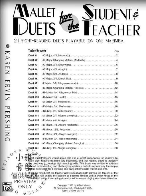 Mallet Duets for the Student & Teacher, Book 2 Sight-Reading Duets Playable on One Marimba 二重奏 馬林巴琴 | 小雅音樂 Hsiaoya Music