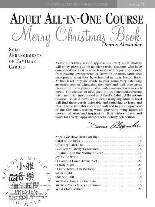 Alfred's Basic Adult All-in-One Course: Merry Christmas Book, Level 2 Solo Arrangements of Familiar Carols 獨奏 耶誕頌歌 | 小雅音樂 Hsiaoya Music