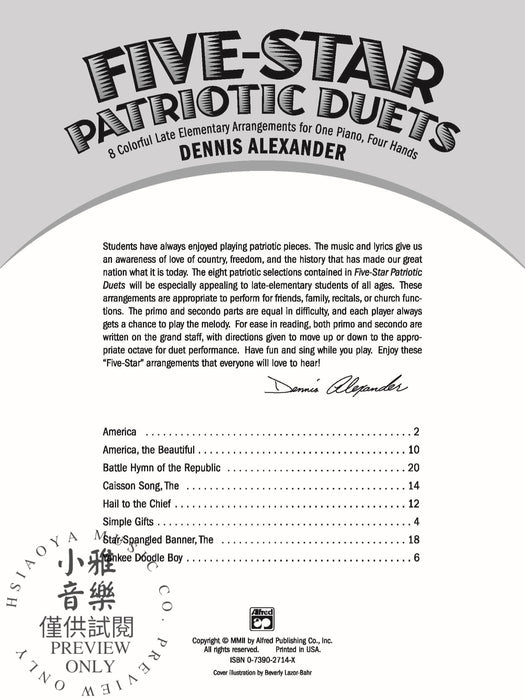 Five-Star Patriotic Duets 8 Colorful Late Elementary Arrangements for One Piano, Four Hands 三重奏 二重奏 鋼琴四手聯彈 | 小雅音樂 Hsiaoya Music