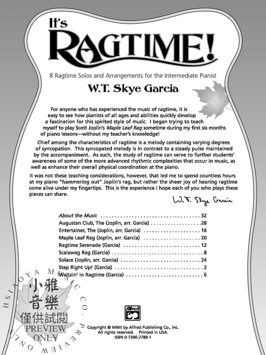 It's Ragtime! 8 Ragtime Solos and Arrangements for the Intermediate Pianist 繁音拍子獨奏 | 小雅音樂 Hsiaoya Music