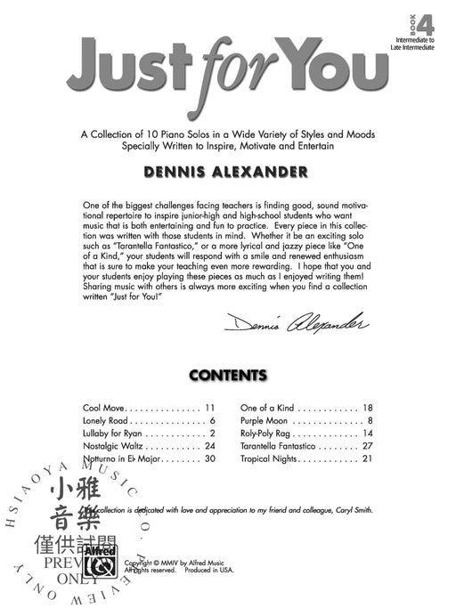 Just for You, Book 4 A Collection of 10 Piano Solos in a Wide Variety of Styles and Moods Specially Written to Inspire, Motivate, and Entertain 鋼琴 獨奏 | 小雅音樂 Hsiaoya Music