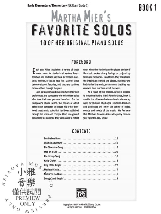 Martha Mier's Favorite Solos, Book 1 10 of Her Original Piano Solos 瑪塔 獨奏 鋼琴 獨奏 | 小雅音樂 Hsiaoya Music