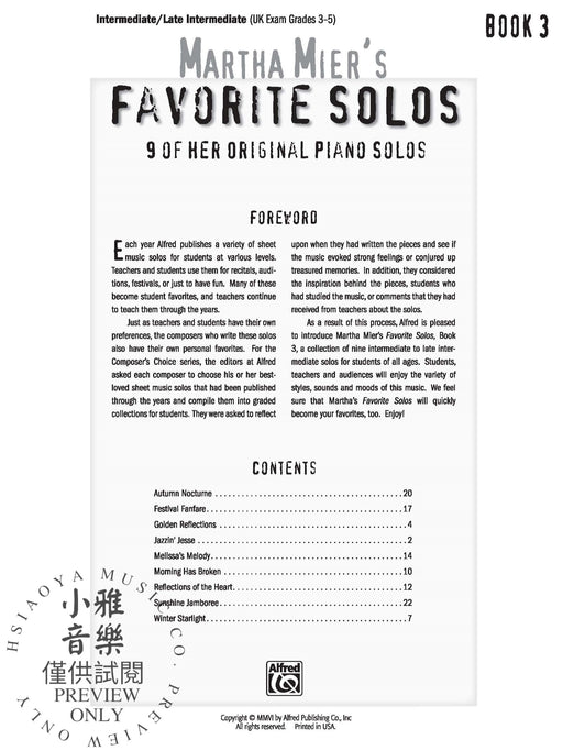 Martha Mier's Favorite Solos, Book 3 9 of Her Original Piano Solos 瑪塔 獨奏 鋼琴 獨奏 | 小雅音樂 Hsiaoya Music