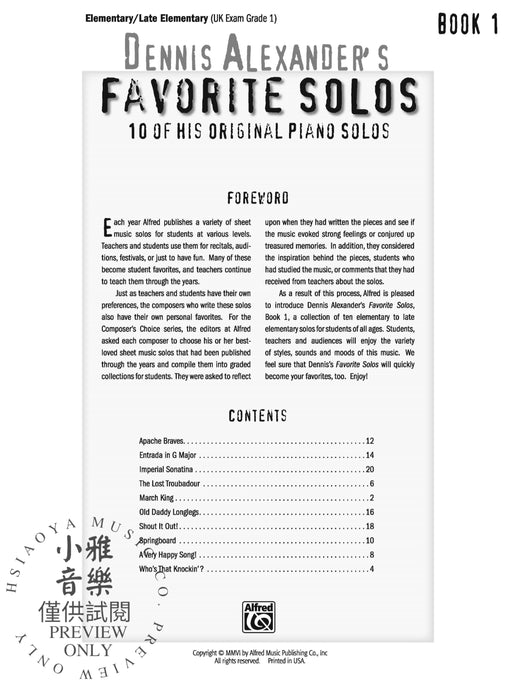 Dennis Alexander's Favorite Solos, Book 1 10 of His Original Piano Solos 獨奏 鋼琴 獨奏 | 小雅音樂 Hsiaoya Music