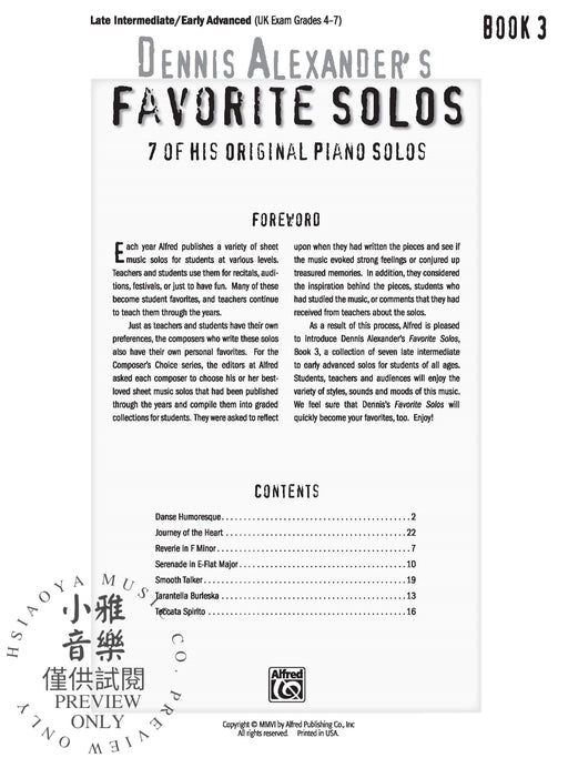 Dennis Alexander's Favorite Solos, Book 3 7 of His Original Piano Solos 獨奏 鋼琴 獨奏 | 小雅音樂 Hsiaoya Music