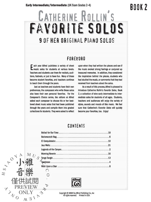 Catherine Rollin's Favorite Solos, Book 2 9 of Her Original Piano Solos 獨奏 鋼琴 獨奏 | 小雅音樂 Hsiaoya Music