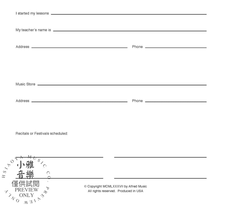 Alfred's Basic Lesson Assignment & Daily Practice Record | 小雅音樂 Hsiaoya Music
