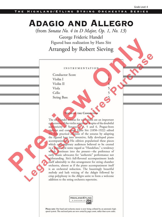 Adagio and Allegro (from Sonata No. 4 in D major, Opus 1, No. 13) 韓德爾 慢板 快板 奏鳴曲 作品 總譜 | 小雅音樂 Hsiaoya Music