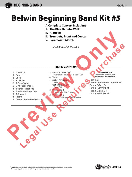 Belwin Beginning Band Kit #5 A Complete Concert Including: The Blue Danube Waltz / Alouette / Trumpets, Front and Center / Paramount March 音樂會 藍色多瑙河圓舞曲 小號 進行曲 總譜 | 小雅音樂 Hsiaoya Music