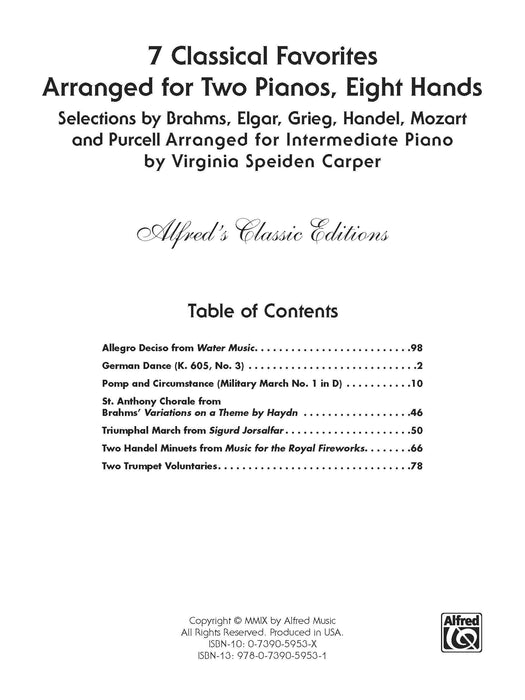7 Classical Favorites Arranged for Two Pianos, Eight Hands Selections by Brahms, Elgar, Grieg, Handel, Haydn, Mozart, and Purcell Arranged for Intermediate Piano 古典 鋼琴 | 小雅音樂 Hsiaoya Music