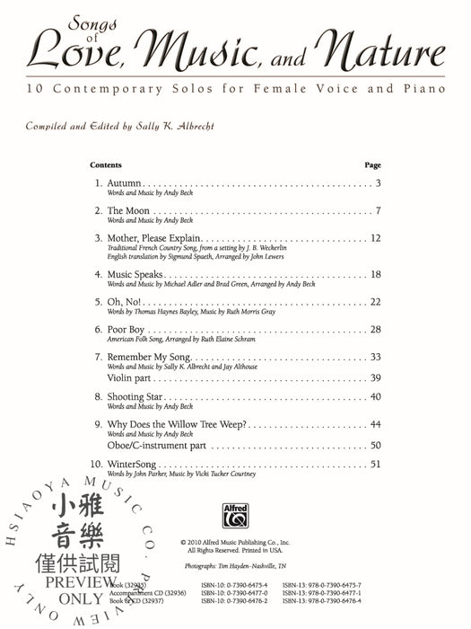 Songs of Love, Music, and Nature 10 Contemporary Solos for Female Voice and Piano 獨奏 鋼琴 | 小雅音樂 Hsiaoya Music