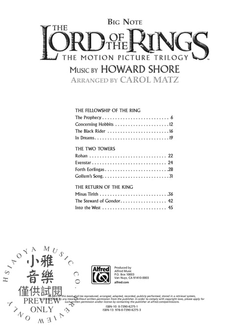 The Lord of the Rings Trilogy Music from the Motion Pictures Arranged for Big Note Piano 三部曲 音符鋼琴 | 小雅音樂 Hsiaoya Music
