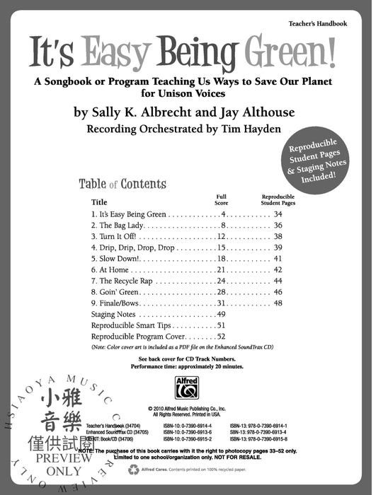 It's Easy Being Green! A Songbook or Program Teaching Us Ways to Save Our Planet for Unison Voices 同度 | 小雅音樂 Hsiaoya Music