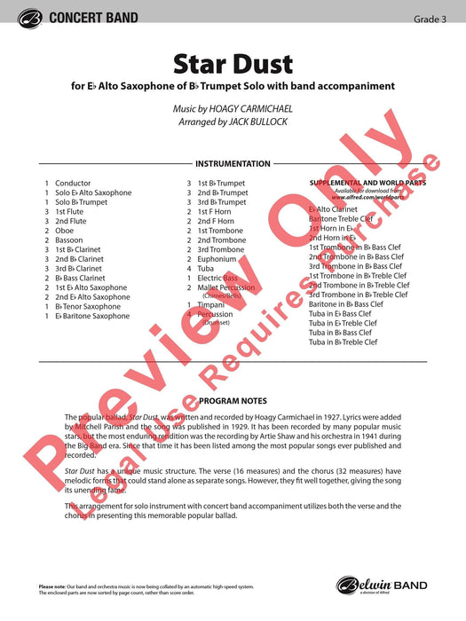 Star Dust For E-flat Alto Saxophone or B-flat Trumpet Solo with Band Accompaniment 中音薩氏管 小號 獨奏 伴奏 總譜 | 小雅音樂 Hsiaoya Music