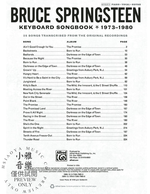 Bruce Springsteen: Keyboard Songbook 1973-1980 25 Songs Transcribed from the Original Recordings 鍵盤樂器 | 小雅音樂 Hsiaoya Music