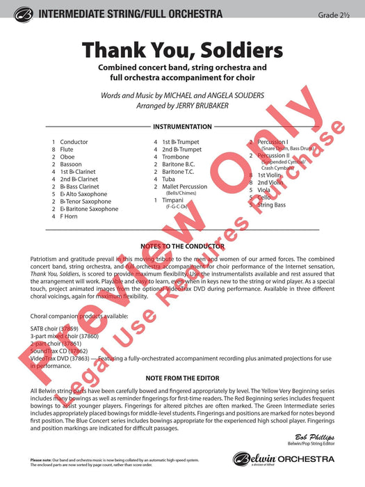 Thank You, Soldiers Combined Concert Band, String Orchestra and Full Orchestra Accompaniment for Choir 音樂會 弦樂團 管弦樂團伴奏 總譜 | 小雅音樂 Hsiaoya Music