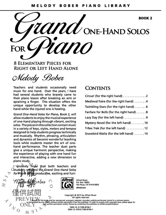 Grand One-Hand Solos for Piano, Book 2 8 Elementary Pieces for Right or Left Hand Alone 獨奏 鋼琴 小品 | 小雅音樂 Hsiaoya Music
